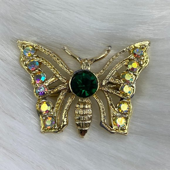Vintage Rhinestone Green & Aurora Borealis Gold Tone Butterfly Brooch - Picture 3 of 5